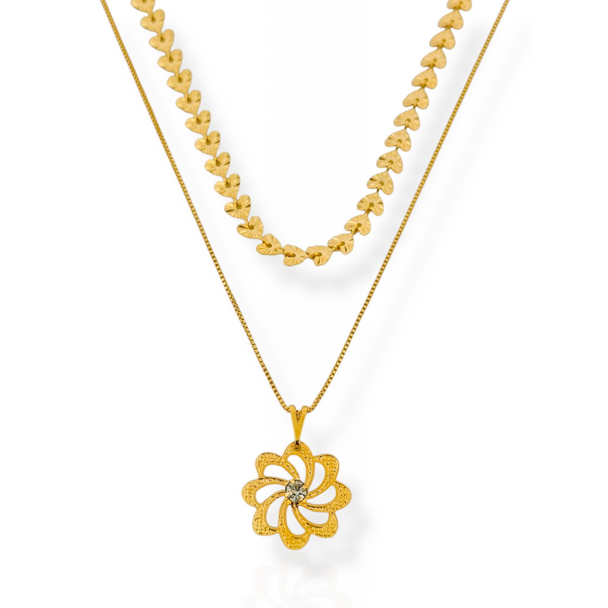 Colar Vivante Duplo Coração Texturizado com Flor