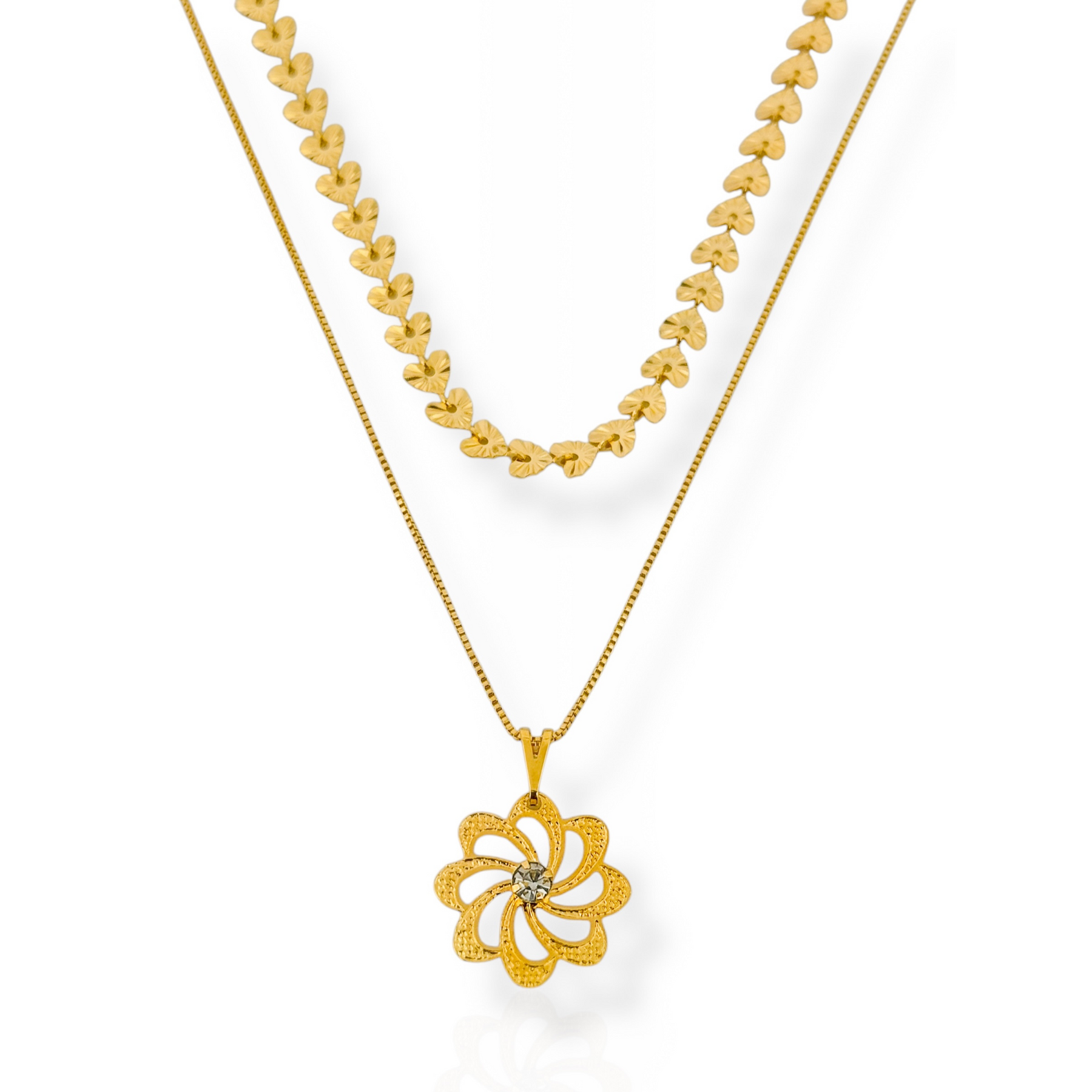 Colar Vivante Duplo Coração Texturizado com Flor