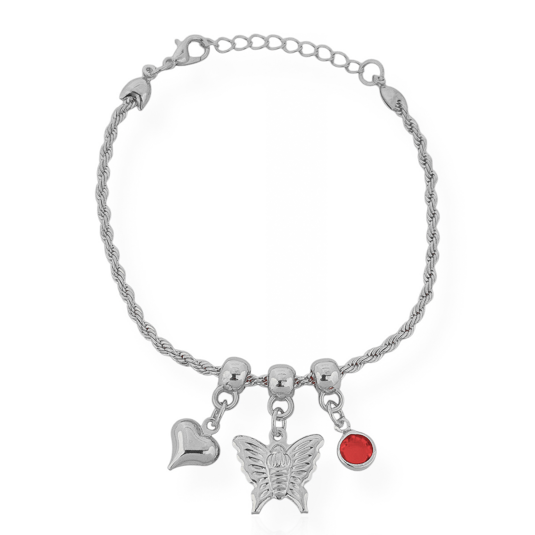 Pulseira Vivante com Pingentes Cristal Vermelho, Borboleta e Coração